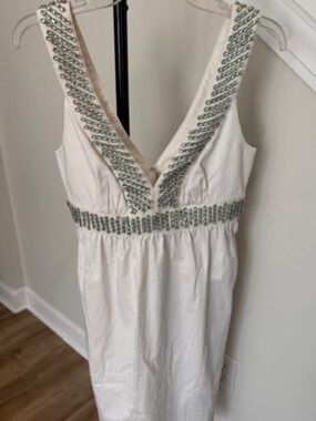 Elizabeth McKay Knee Length White Dress with Green Jewels